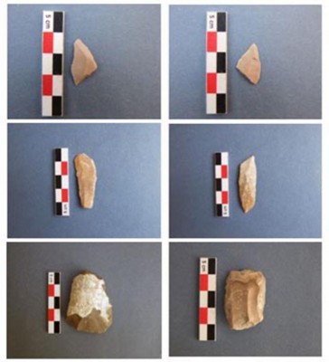 Figure 5. WK26 artefacts: isosceles triangles, top row; backed elements with Ouchtata retouch, middle row; endsrapers, bottom row.